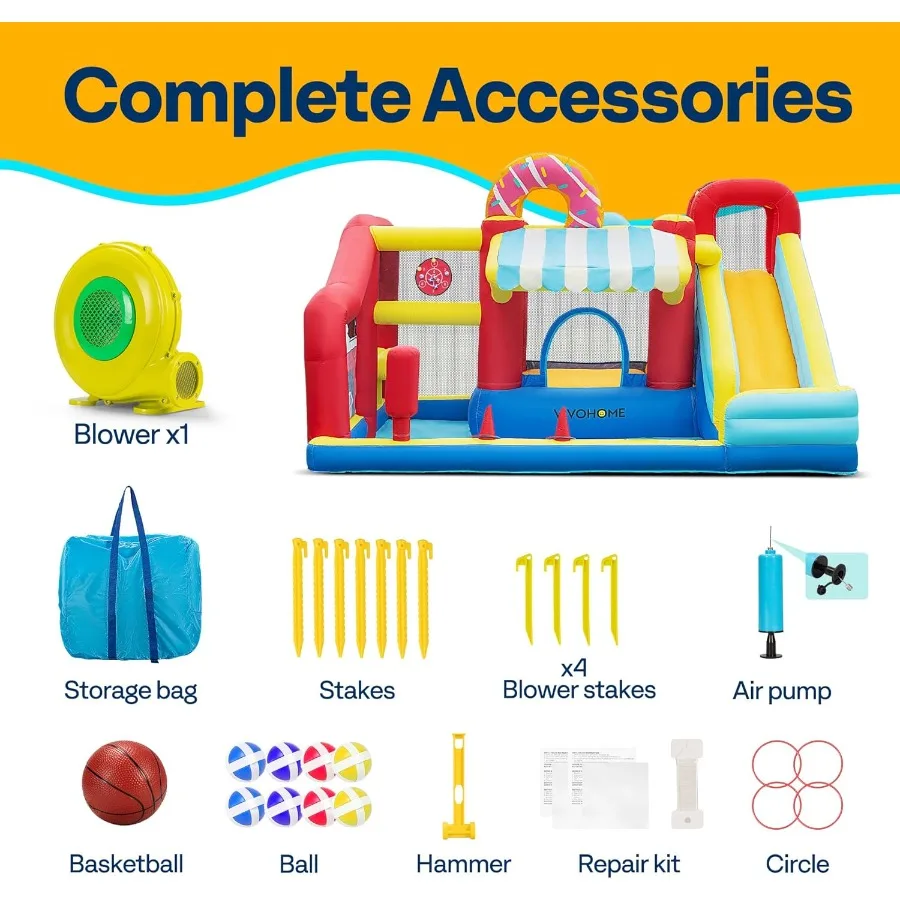 Casa de rebote 9 en 1 para niños, castillo inflable con tema de mercado con tobogán, bóveda inflable de 13x11 pies para exteriores con soplado