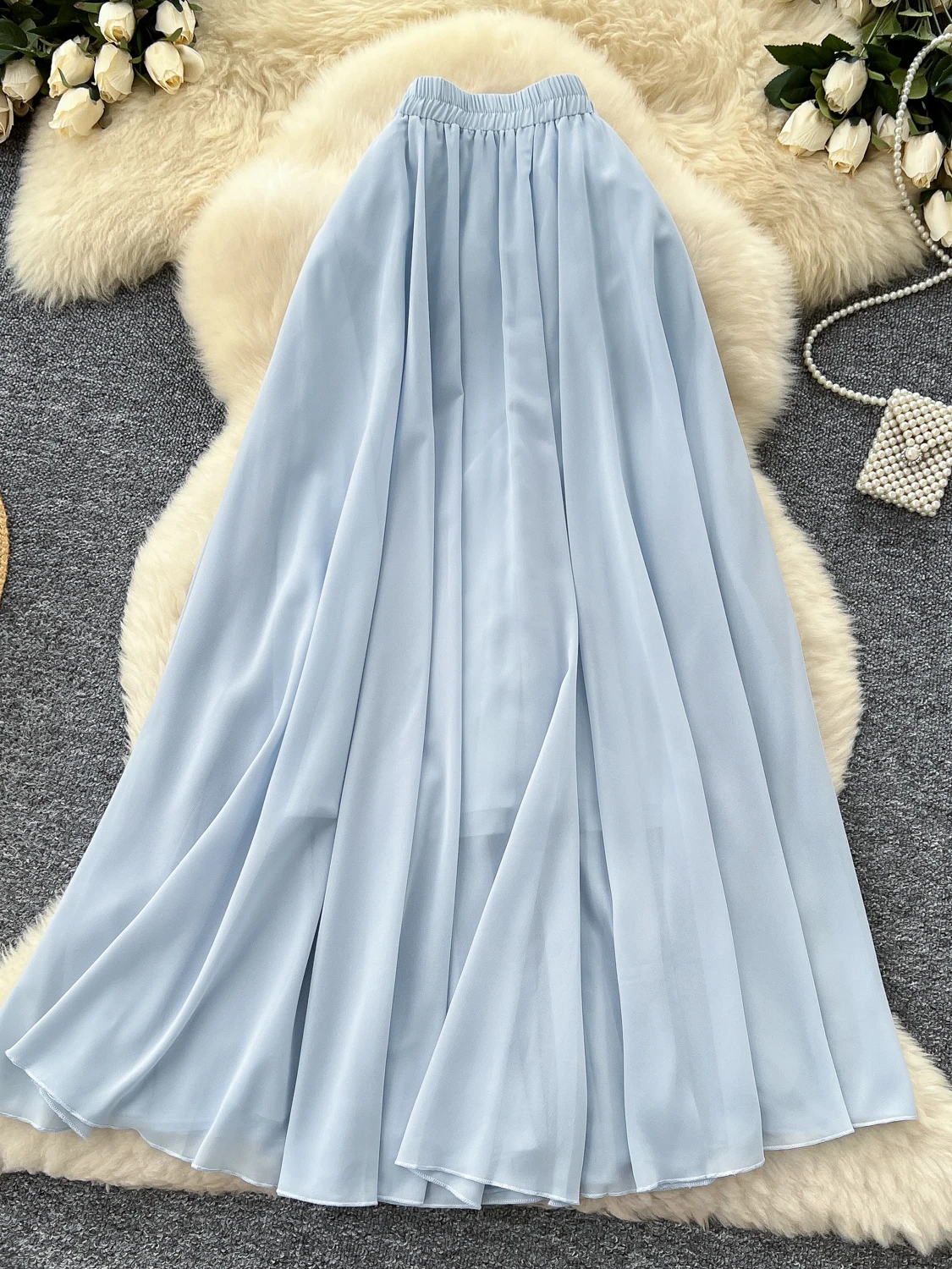 Ele High Waist A-Line Skirt Women's Summer Gentle Wind Aosphere Sensation Chiffon Skirt Korean Sle Office Commute