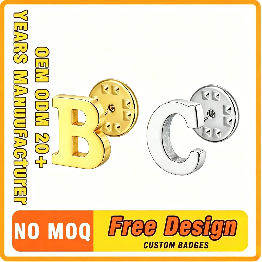 Custom Badge 3D Initial Letter Metal Lapel Pin Gold Silver Alphabet Custom Name Monogram Clothing Decor Gift