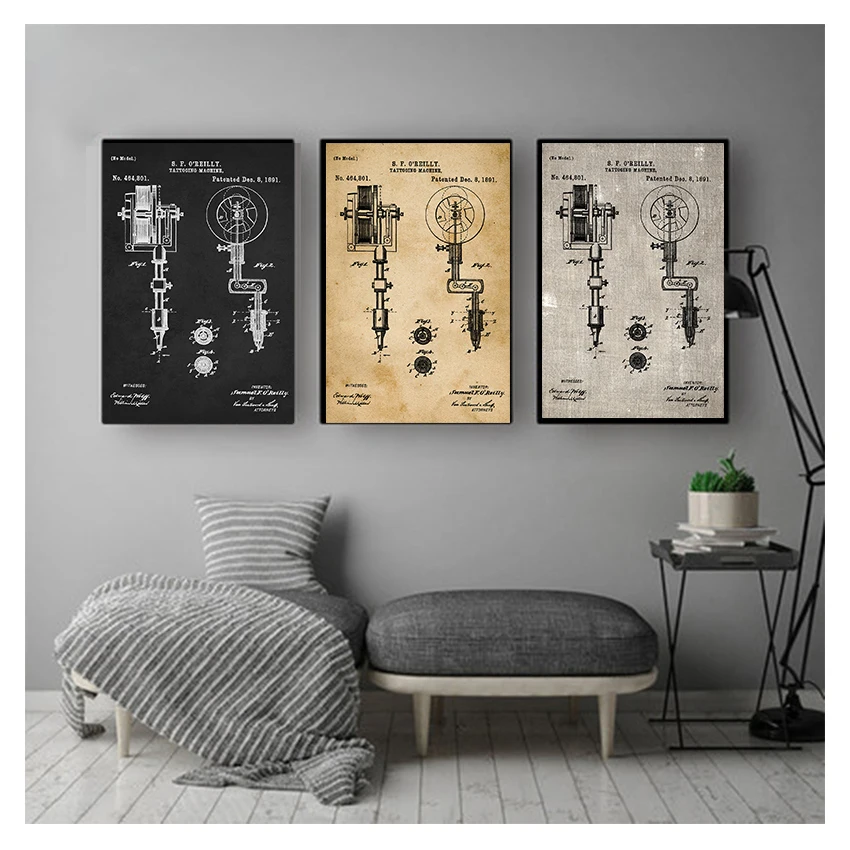 Tattoo Parlor Wall Art Canvas Painting Posters Decor Vintage Blueprint Picture Decorations First Machine Patent Prints