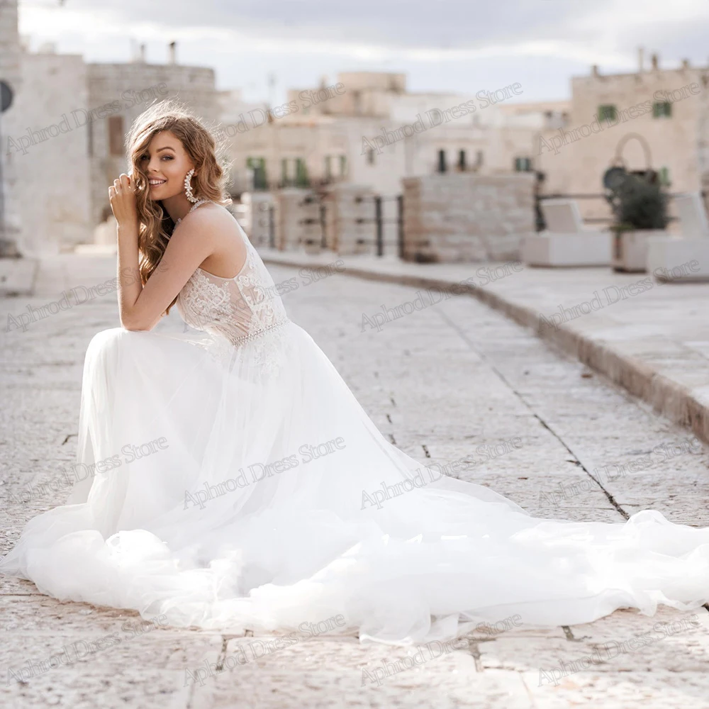 Vestidos de casamento até o chão, A Line Tulle, Vestidos de noiva em camadas, Robes elegantes para festa formal