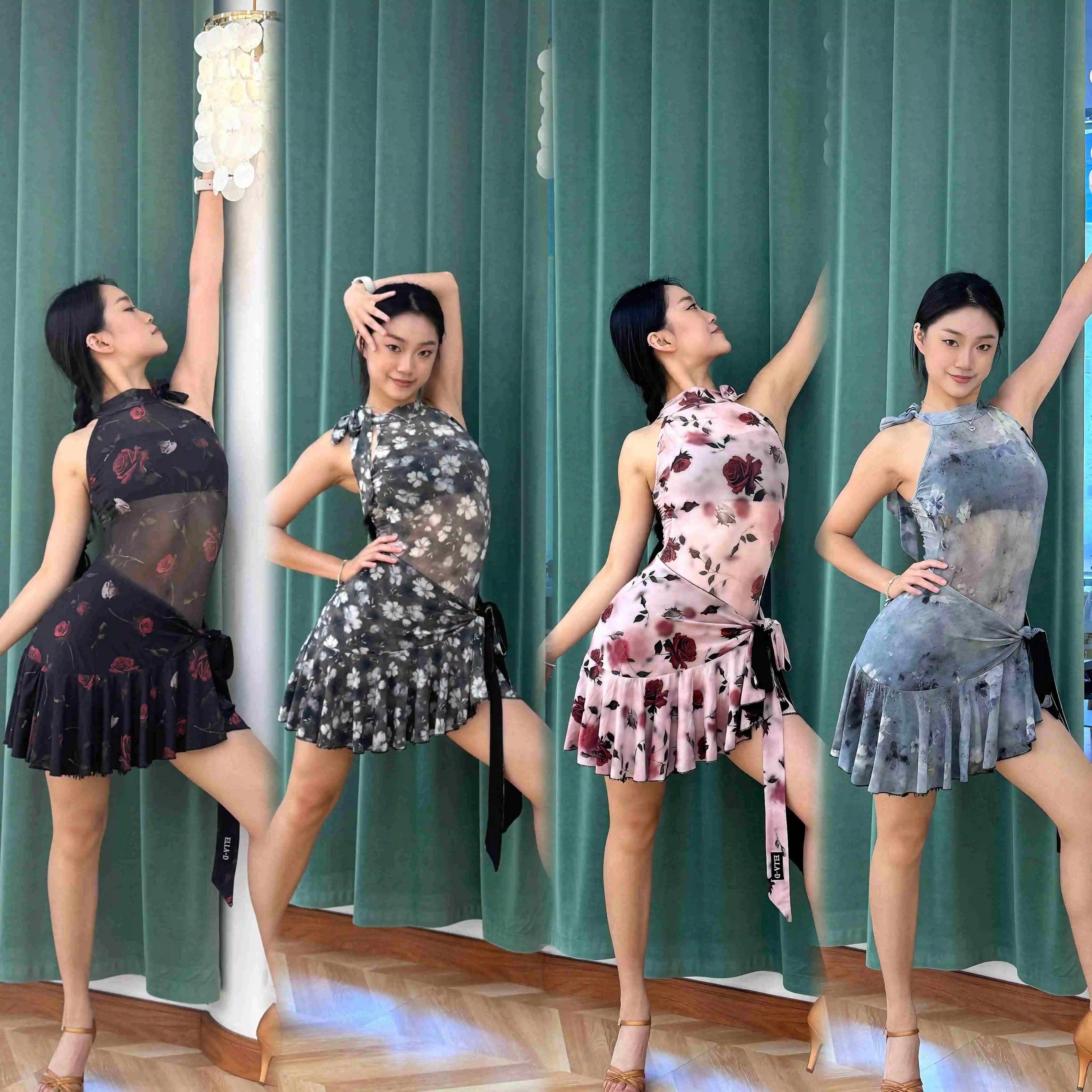 زهرة طباعة اللاتينية ملابس الرقص النساء أداء زي شبكة القمم حزام هامش تنورة رومبا تشا تشا فستان رقص الكبار NV24411