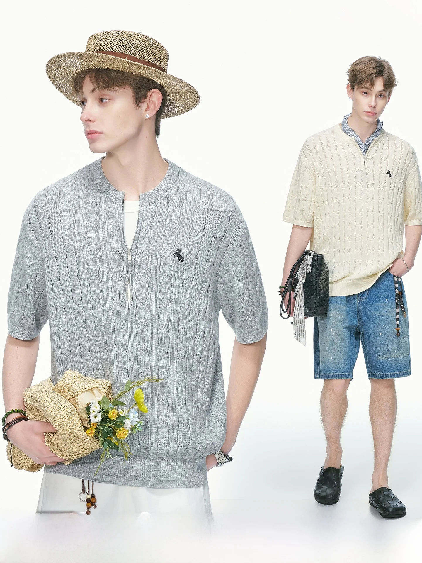 

Dream Made Embroidered Knitwear Half Zip Short Sleeve Men's T-Shirt Summer Lightweight Luxury Cotton Blend Loose Fit V-Neck