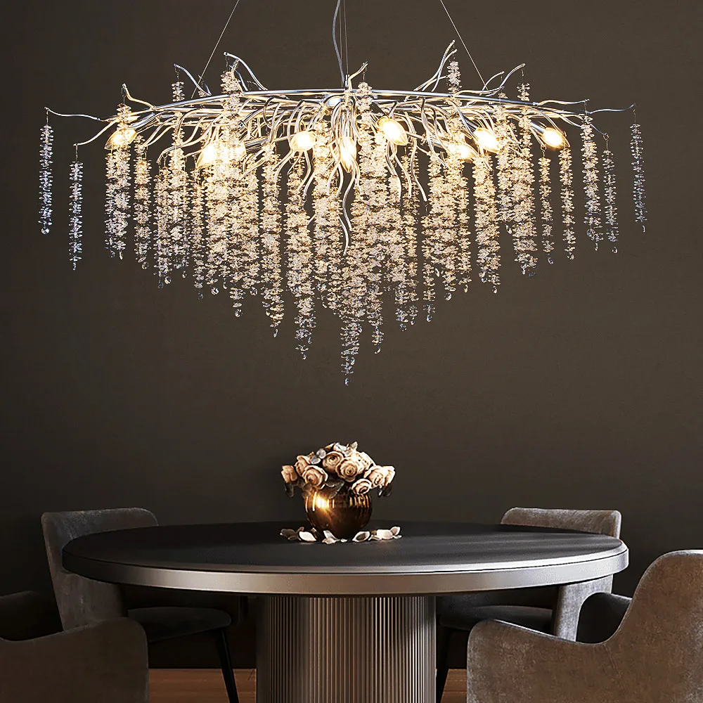 

Smokey Gray Crystal Chandelier Lustre Luxury Tree Branch Chandelier Long High Ceiling Kitchen Island Lighting for Dining Room