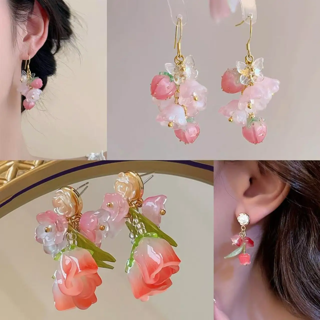 

Trendy Summer Pink Flower Earrings for Girls Women Silver Needle Tulip Rose Shaped Sweet Romantic Jewelry Creative Ear Clip Gift
