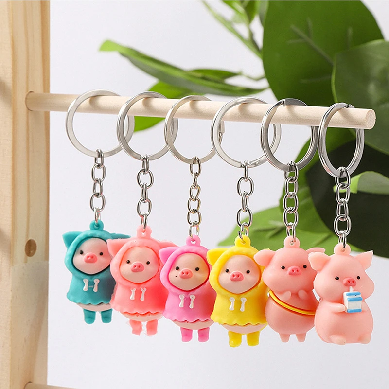 PVC Cartoon Raincoat Pig Doll Metal Keychain Pink Yellow Blue Trinket Girl Boy Pendant Bag Car Key Ring Jewelry Lanyard Gift