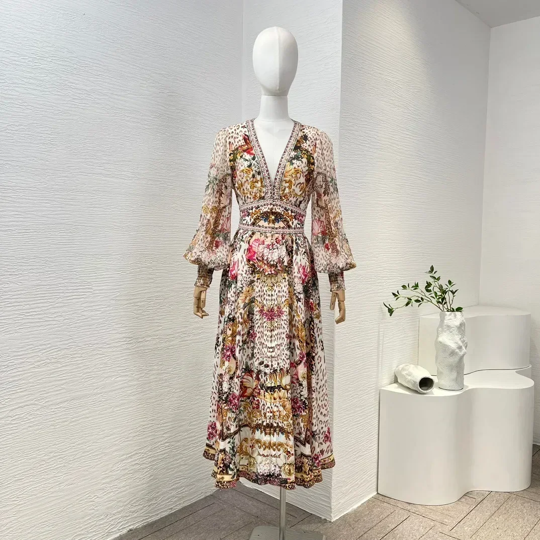 

2024 New Arrival Top Quality Elastic High Waist Floral Print Long Sleeve Silk Spring Summer Midi Dress For Women