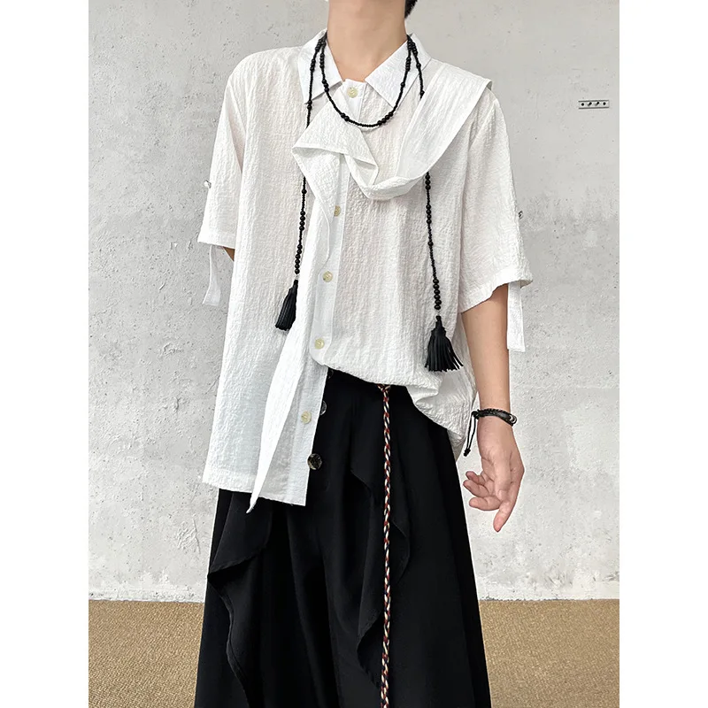 Casual White Color Men's Shirts Short Sleeve Vintage French Style Fashion Shirts for Men Urban Minimalism Clothes Streetwear