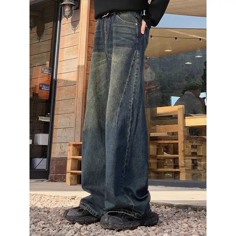 American street retro washed jeans men and women trendy hip-hop straight leg loose and personalized wide leg casual pants y2k