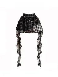 Y2K Mesh Plaid Puffy Half Skirt Women's Summer Irregular Black  Skirt Design Sense Commute Style High Waist A-Line Skirt