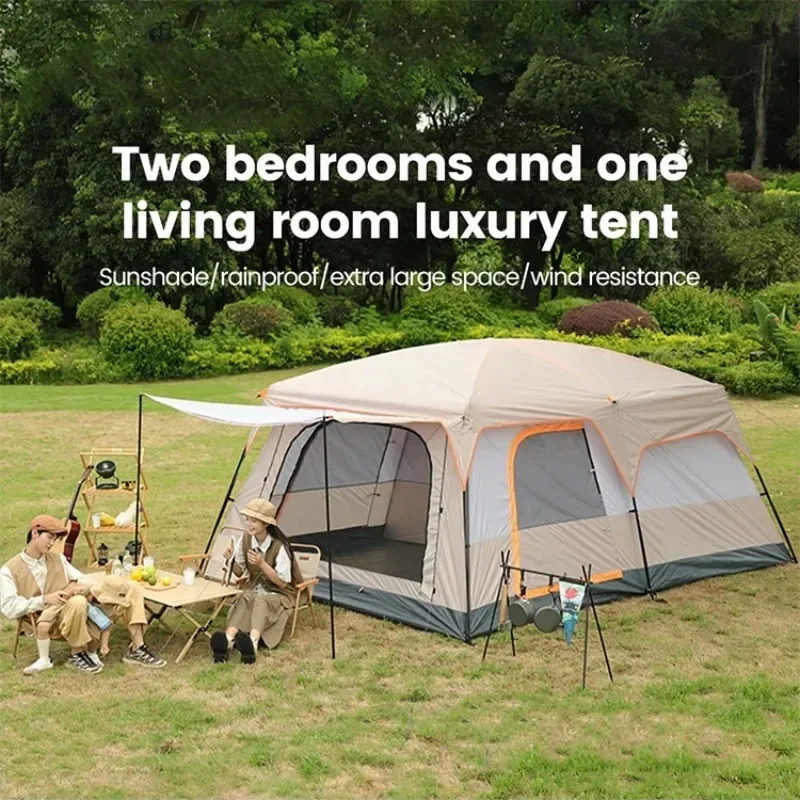 New Outdoor Camping Family Tent 3-12 Person Double Layers Oversize 2 Rooms Thickened Rainproof  Family Camp Tour Equipment