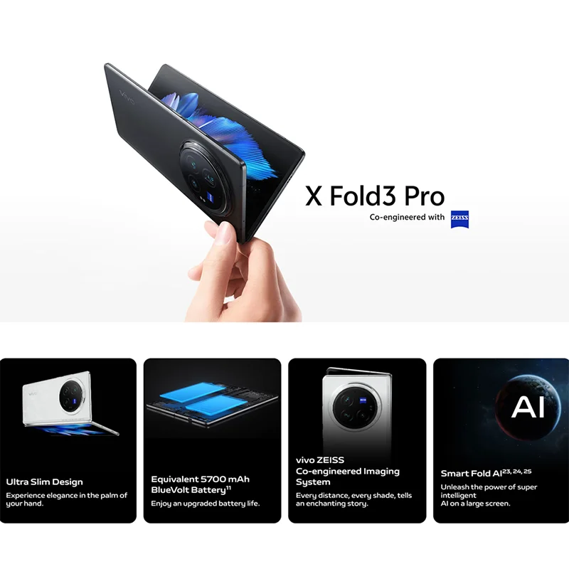 VIVO X Fold 3 Pro 스냅드래곤 8 Gen 3 옥타코어, 8.03 인치 AMOLED 2480 × 2200 120Hz, 50MP * 2 + 64MP, 2850mAh 듀얼 배터리 NFC, 정품 신제품