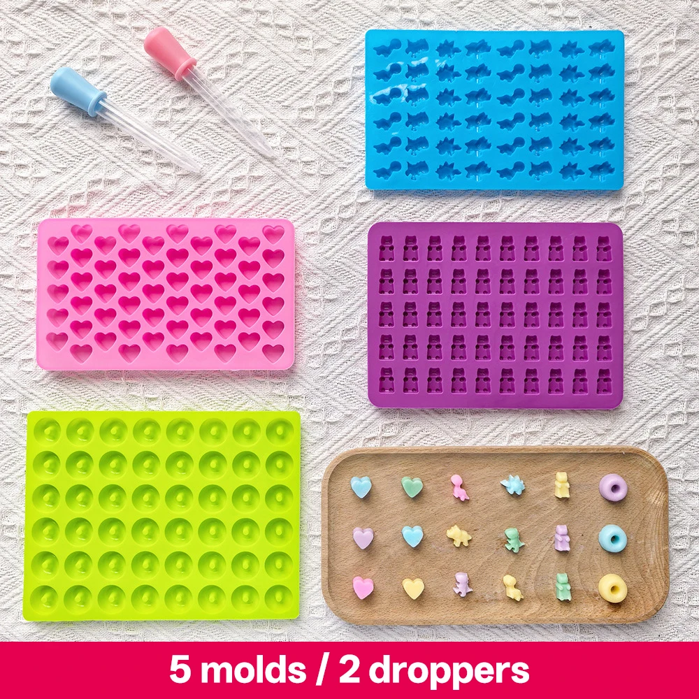 

5pcs Gummy Bear Candy Mold Kit with 2 Droppers Silicone Non-stick Chocolate Molds DIY Multi-Shape Jelly Fondant Kitchen Tool