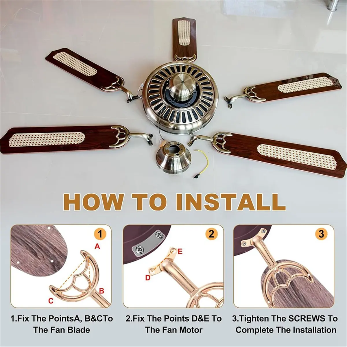 NEW Ceiling Fan Blades Arm Replacement, 4 Pcs 52inch Fan Blade Replacement Parts Mounting Bracket Kit French Gold