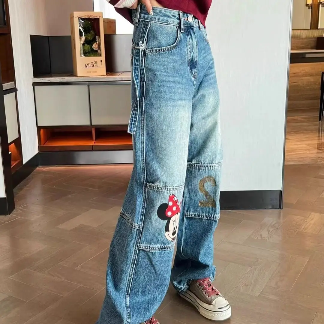 

Disney Minnie 2025 весенние новые джинсы с высокой талией, модные универсальные утягивающие прямые брюки, корейская версия, модные повседневные джинсы