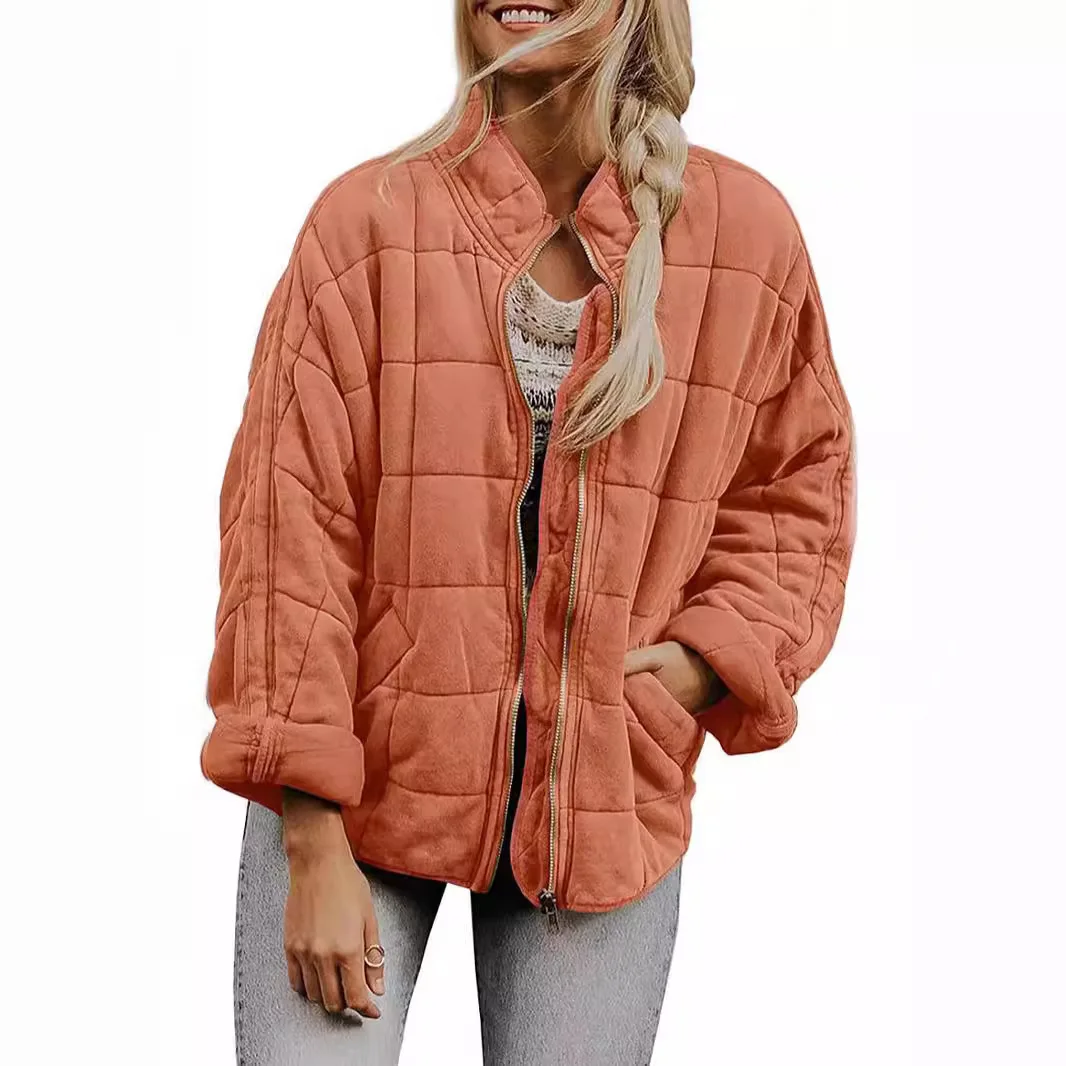 

2025 New Fashion Zipper Round Neck Jacket Women Winter Casual Loose Solid Color Windproof Warm Stand Collar Jacket Women