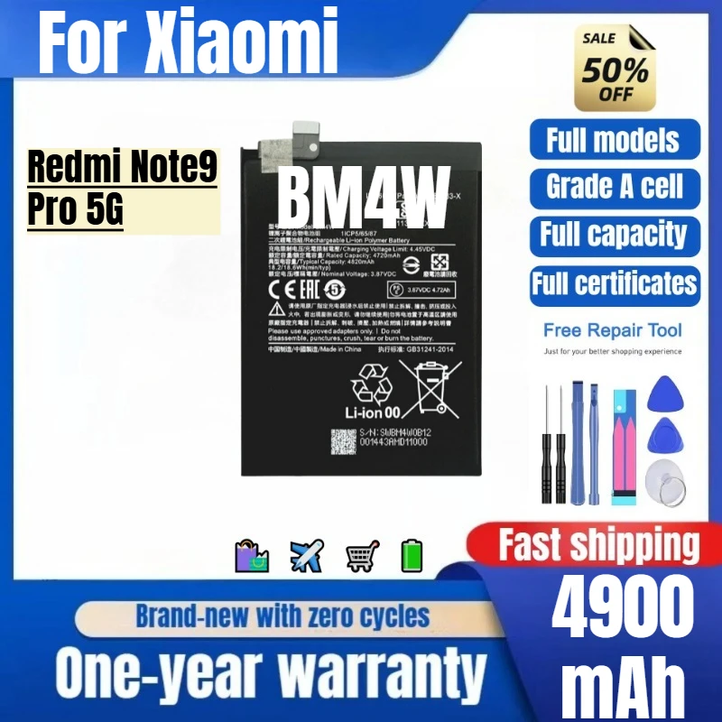 

BM4W for Xiaomi Redmi Note9 Pro 5G Phone Battery 0 Cycle High Quality High Capacity Replacement Bateria Grade A Cell with Tools