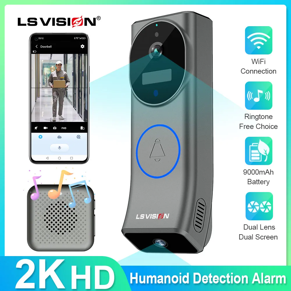 LS VISION 2K Doorbell Camera Wireless Night Vision, Video Doorbell,  Motion and Chime, App Alert, Two-Way Talk,Battery Powered