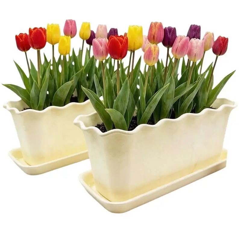 Cream Wavy Edge Rectangular Planter With Saucer Thick Durable UV Resistant Perfect For Balcony Patio Flower Herb Gardening