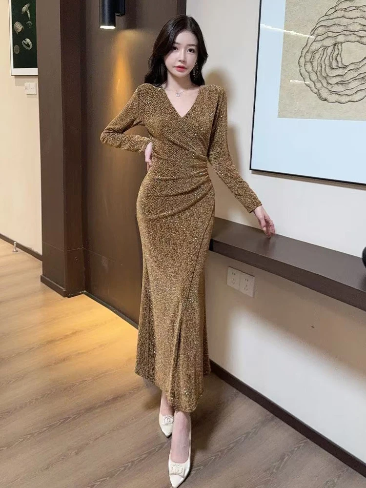 Elegant Sexy Long Sleeve V-Neck Shiny Thread Wrap Body Slimming Dress French Style Sequin Evening Gown for Ladies