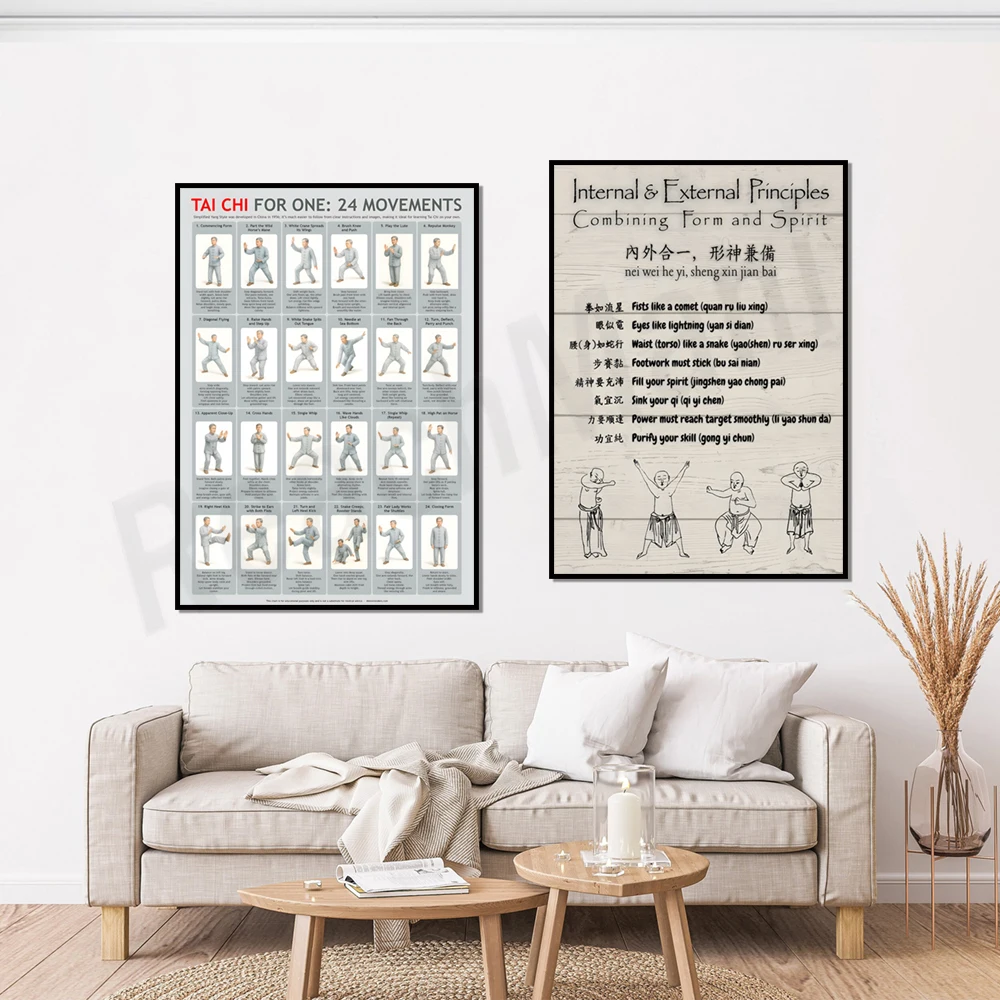 طباعة شاولين كونغ فو، ملصق تاي تشي، 24 نمط يانغ المبسط تاي تشي التوضيح جدار الفن قماش ديكور المنزل