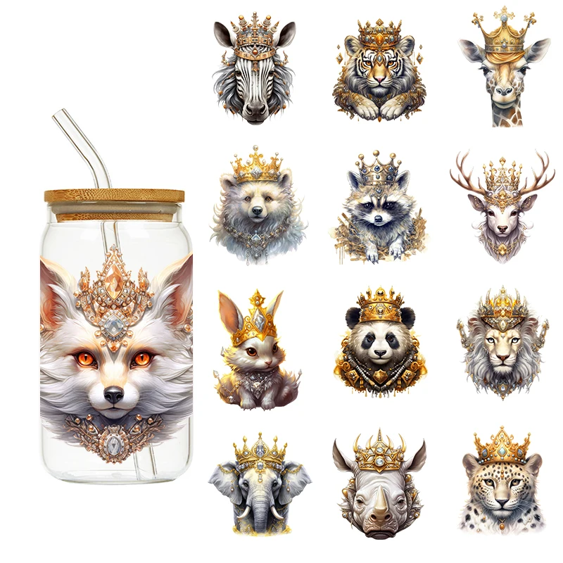 LETOP 1PCS Animals With Golden Crowns Cup Vinyl Wraps Glass Sticker Decorative Uv Dtf Sticker For 16 Oz Glass