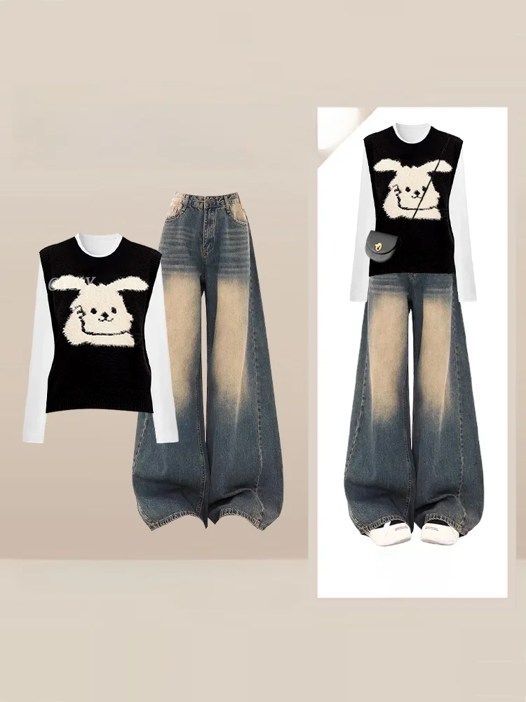 

Autumn Winter plus Size Women's Cartoon Rabbit Print Set Long Sleeve Sweatshirt Knitted Vest Wide Leg Jeans Pants Fashion Set
