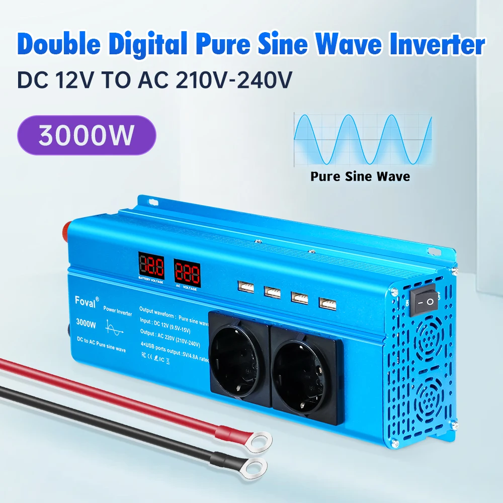 3000W Pure Sine Wave  Inverter Foval Car Converter DC12V AC220V For Camping/Outdoor Working LifePO4 Battery Inversor Pure Sine