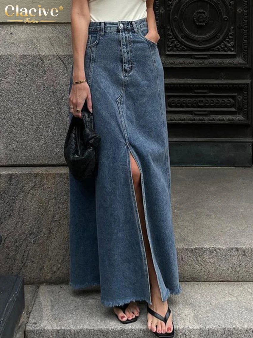 

Clacive Fashion Loose Blue Denim Skirt For Women 2025 Elegant High Waist Ankle Length Skirt Streetwear Classic Slit Skirt Female