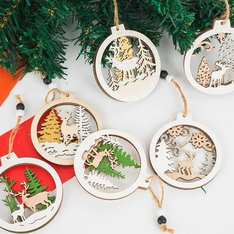 

Wooden Reindeer Ornaments 6X Winter Pendants With Christmas Tree Design Decorative Hollow Pendant For Tree Winter Farmhouse