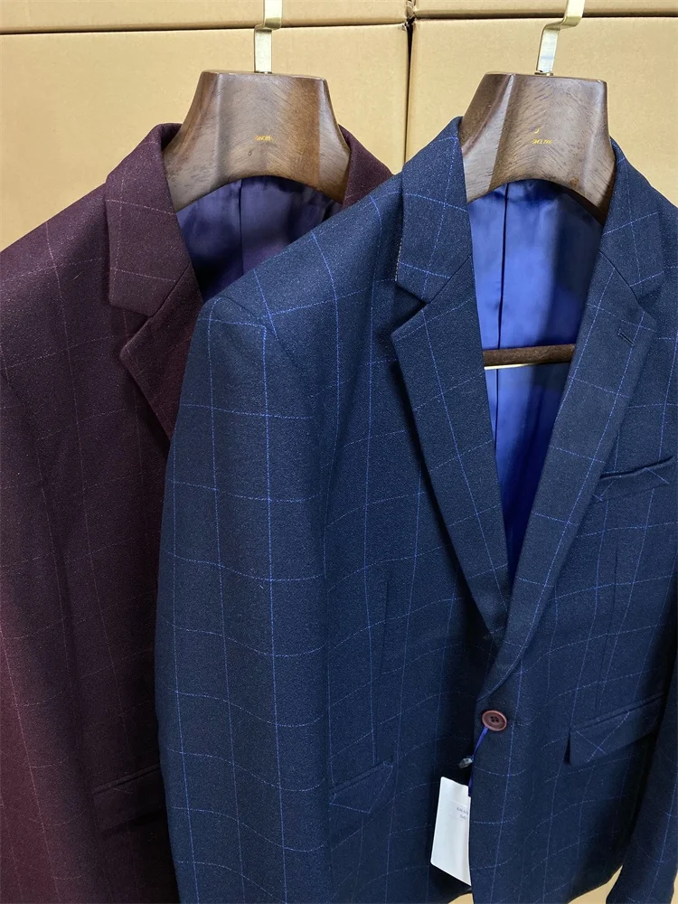 

Slim Fit Plaid Busin Casual Suit for Men Korean Sle Barber Coat Spring Autumn Regular Sve Length Two Buttons