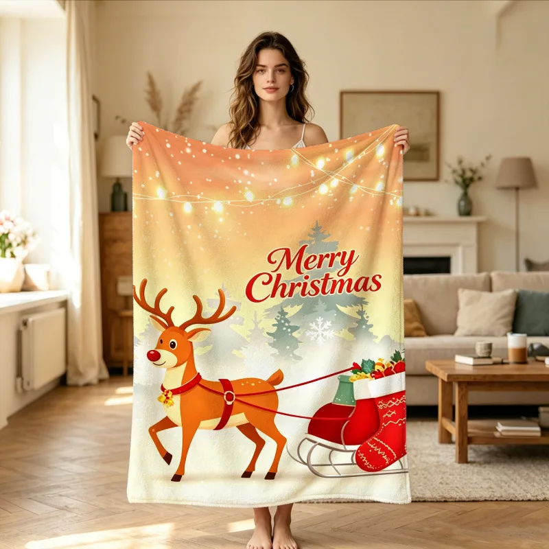 Green Background Santa Claus Sleigh Festive Flannel Blanket For Merry Christmas Decor Soft Warm Throw Blanket Accent