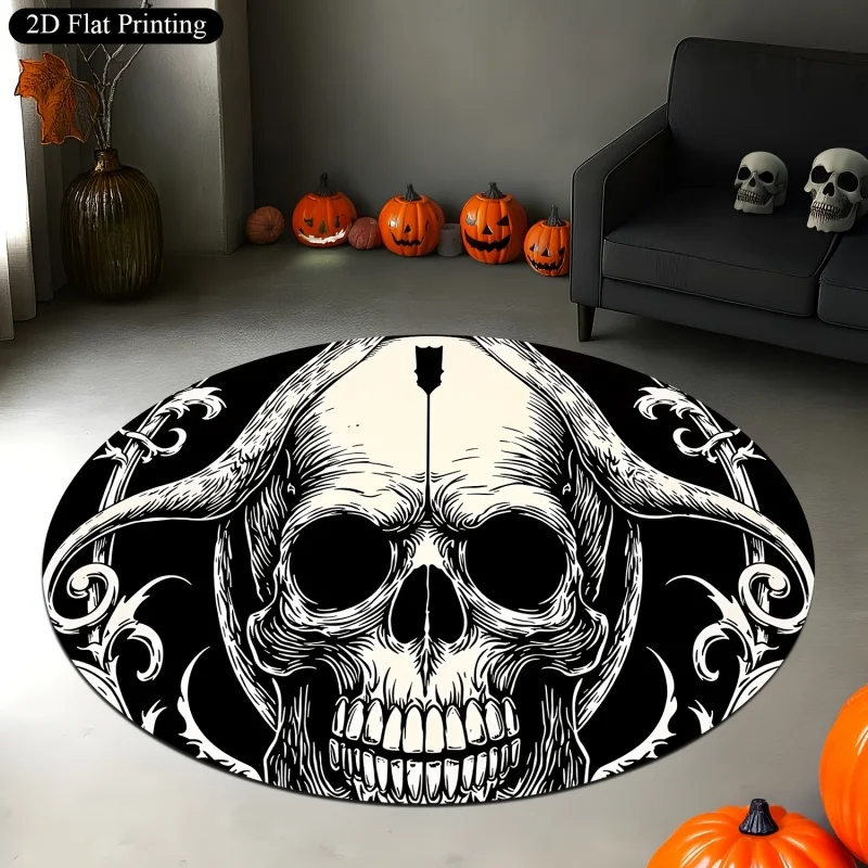 Marble Smoke Skull Gothic Round Area Rug,Black‑White Swirl Skull Printed Circular Floor Mat,Indoor Living Room Home Decor