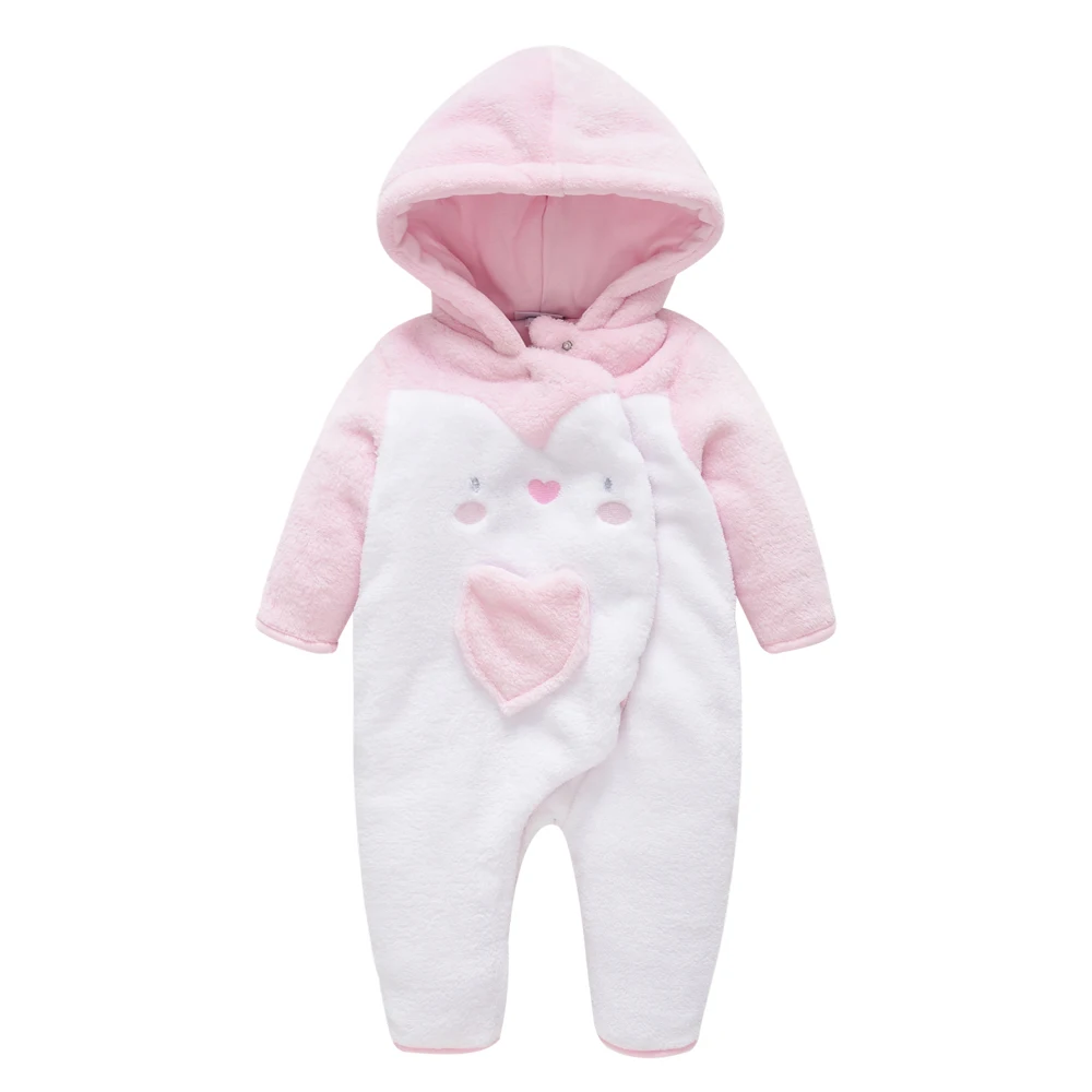 Mono de Invierno para Bebé Niña, con Capucha, Forro Polar, Manga Larga, Grueso y Cálido, para Recién Nacidos, Color Rosa y Blanco, con Diseño de Corazón de Dibujos Animados