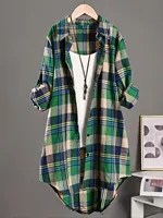 Women's Fashion Versatile Plus Size 1XL-5XL Plaid Printed Shirt Casual Loose Long Sleeved Shirt Lapel Design Shirt Top