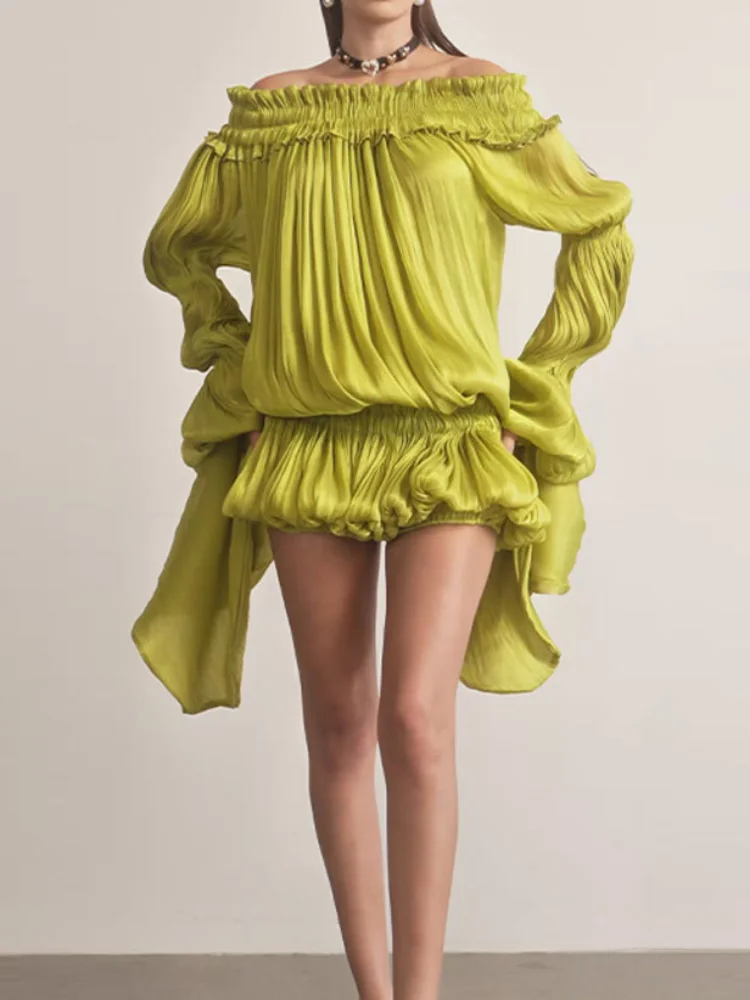 Women's Y2k Off Shoulder Pleated Mini Dress Elegant Lime Green Flare Long Sleeve Ruffle Hem Bubble Vestidos Date Party Dresses