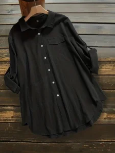 Women Black Button Down Shirt Roll Up Sleeve Chest Pocket Curved Hem Loose Oversized Casual Tunic Blouse Top Fall