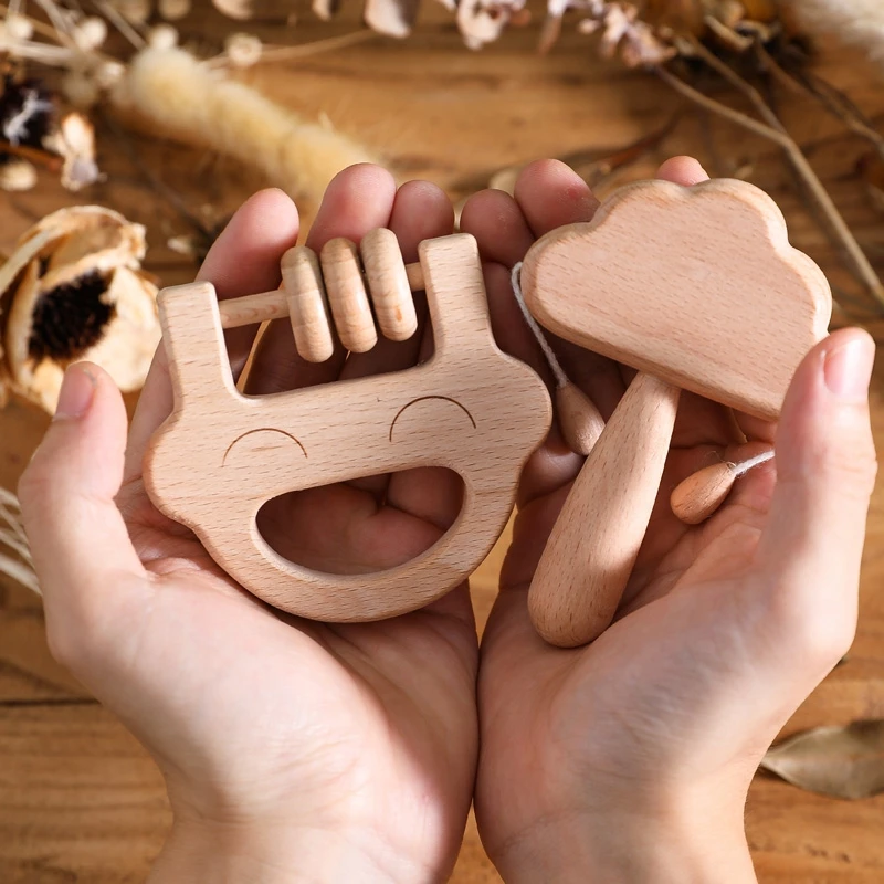 Baby Wooden Rattle Beech Bear Hand Teething Wooden Ring Rattles Play Gym Montessori Stroller Toy Set Baby Birth Vintage Box Gift