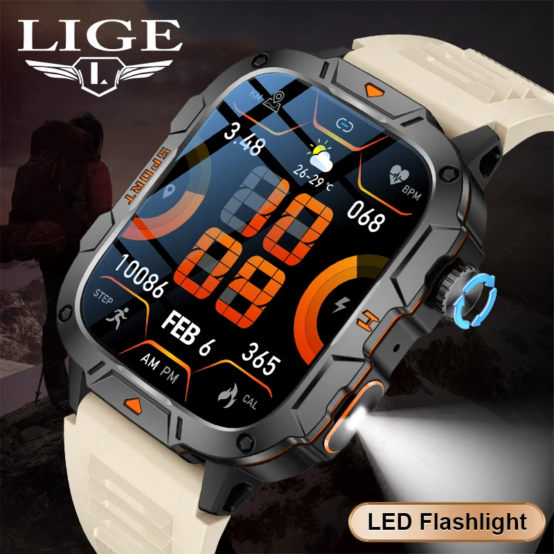 

LIGE 5ATM Outdoor Sports Smart Watch GPS Trackr Flashlight 1.96 HD Display Screen Bluetooth Call Fitness Watches For Android IOS