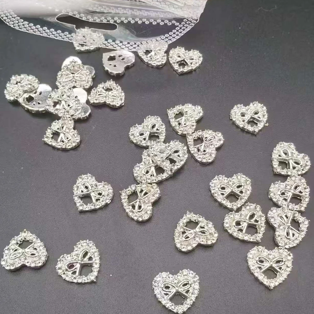 10pcs/bag Hollow Bow Heart Charms for Nails Design Metal Diamond Love Heart Manicure Decoration Charms Luxury Bowknot Nail Parts