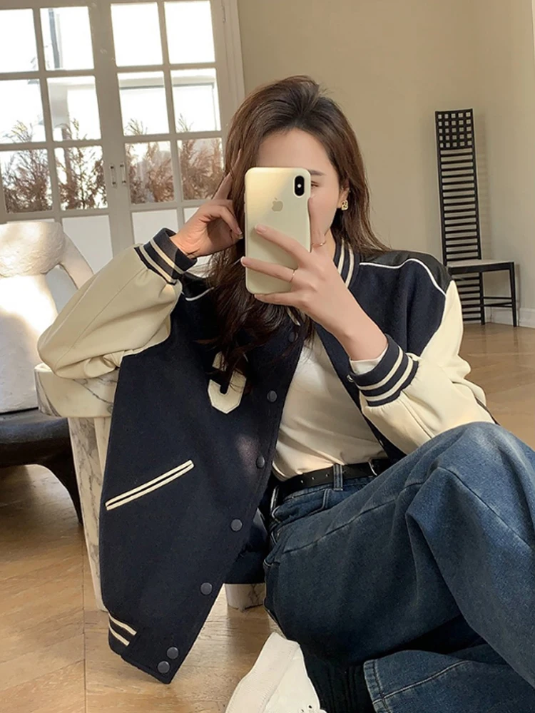 

Baseball Jackets Teenager Womens Spring Decoration Floral Panelled Elasticity Puffed Flaps Cropped Plain Patched Overlong Ladies