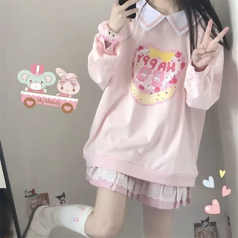 Sanrio Kuromi Print Spring Autumn Sweatshirt Preppy Loose Cartoon Pullover Girl Kawaii Girl Student O-neck Purple Top Aesthetic