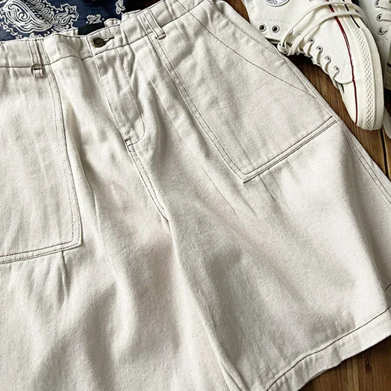 Primary Color Embryo Cloth Cotton Seed Shell Twill Gauze Card Casual Loose Shorts Men's Large Pocket Beach Pants Summer