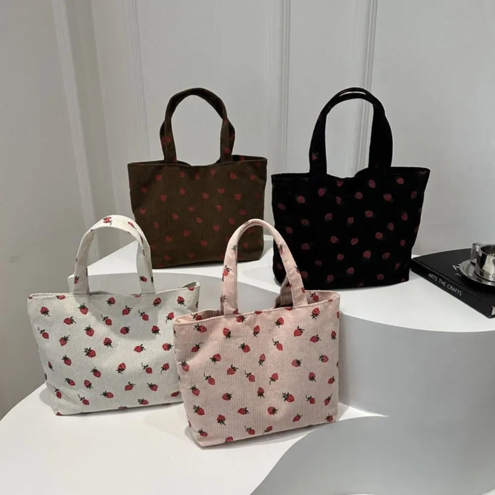 Bolso de mano con estampado de fresa de gran capacidad, bolso de hombro para mujer, bolso de compras de estilo coreano, bolso de pana para exteriores