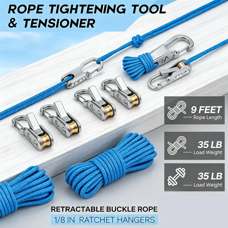 Rope Tying Tool And Tensioner Roller Tensioner Heavy-Duty Retractable Tie Down Rope Roller Tensioner Hammock Tarp  For Camping