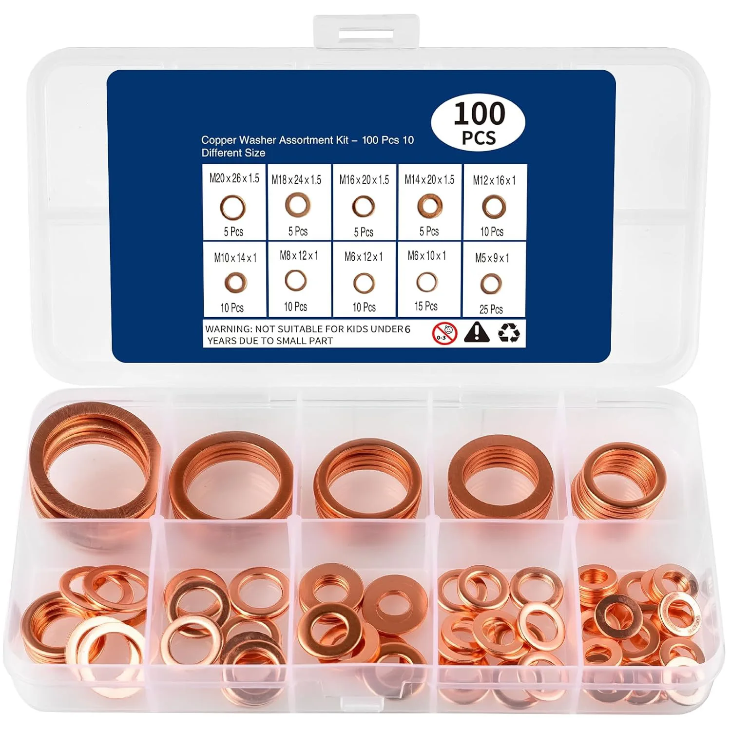 

100pcs Flat Copper Washers Set, Copper ring Washer Gasket Sealing spacer Assortment Kit,M5M6/M8/M10/M12-M20 for drain oil plug
