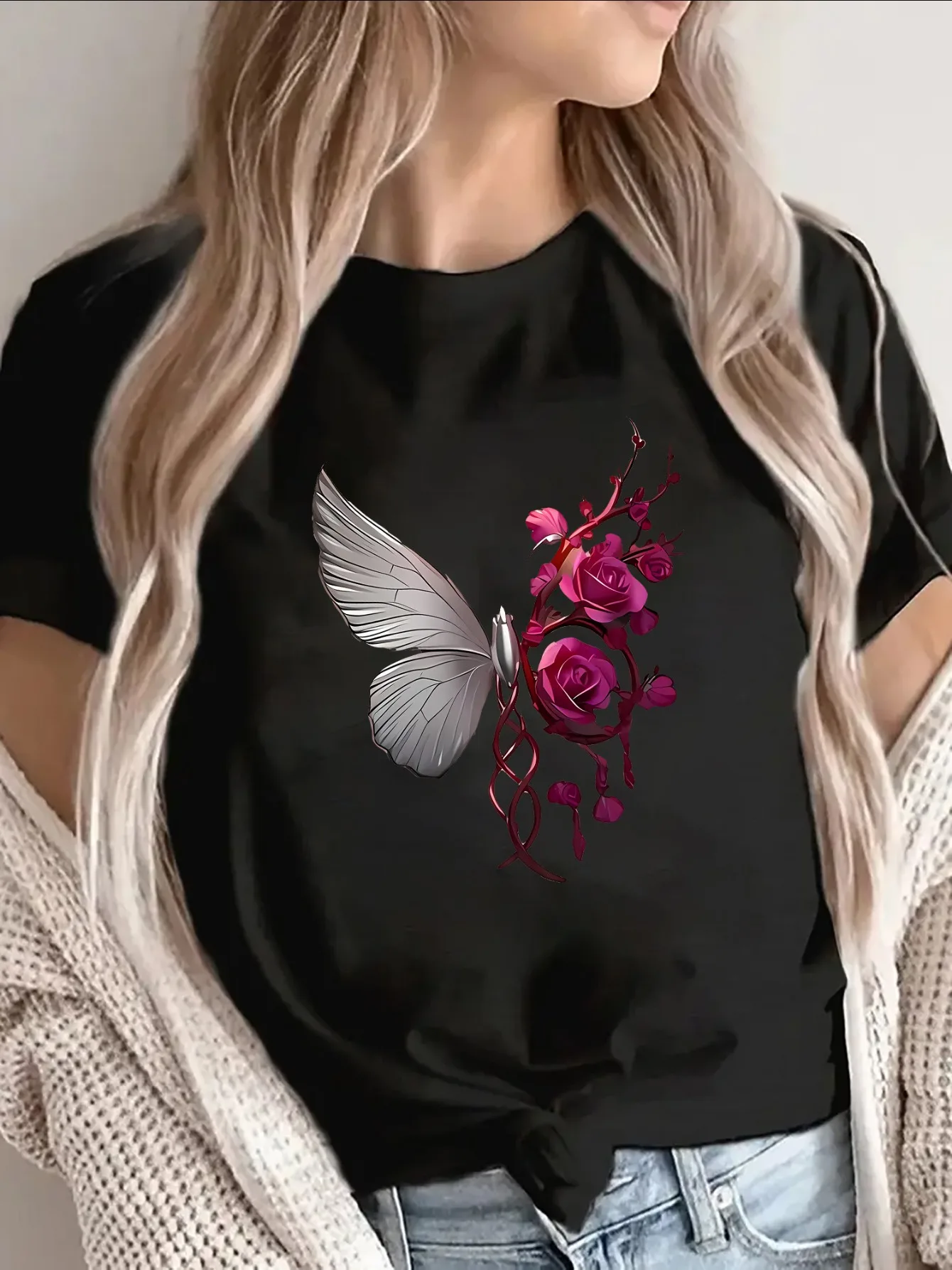 Short Sleeve T-Shirt with Butterfly and Rose Perfect for Casual Wear At Home Outdoor Activities Comfortable Fit for Everyday Use
