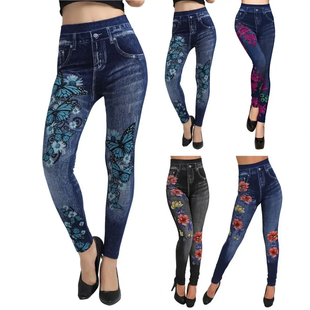 High Waist Multi Pockets Butterflies Floral Print Fitness Leggings Workout Long Pocket Printing Summer Casual Pencil Pants