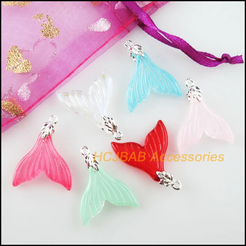 12Pcs Mixed Glass Fish Tail Charms Silver Plated Leaves Bail 20x24mm