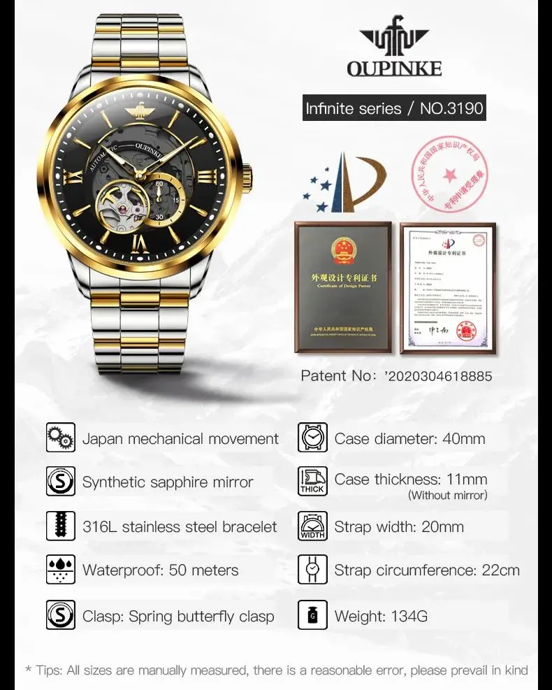 OUPINKE 3190 Business Hollow Mechanical Watch For Men Synthetic Sapphire Mirror 50M Waterproof Wristwatch Top Brand Man Watches